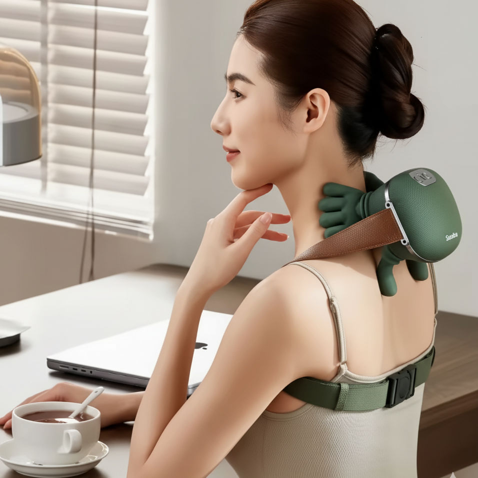 Woman using a neck and shoulder massager at a desk with a cup of coffee.