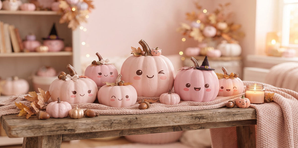 Cute pink Halloween pumpkins with smiling faces on a wooden table