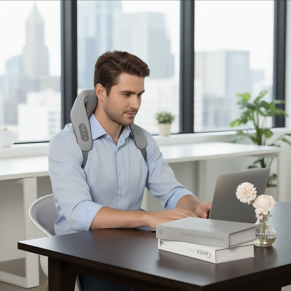 Man working at a laptop while wearing the grey True Relief neck massager