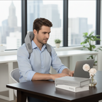 Man working at a laptop while wearing the grey True Relief neck massager