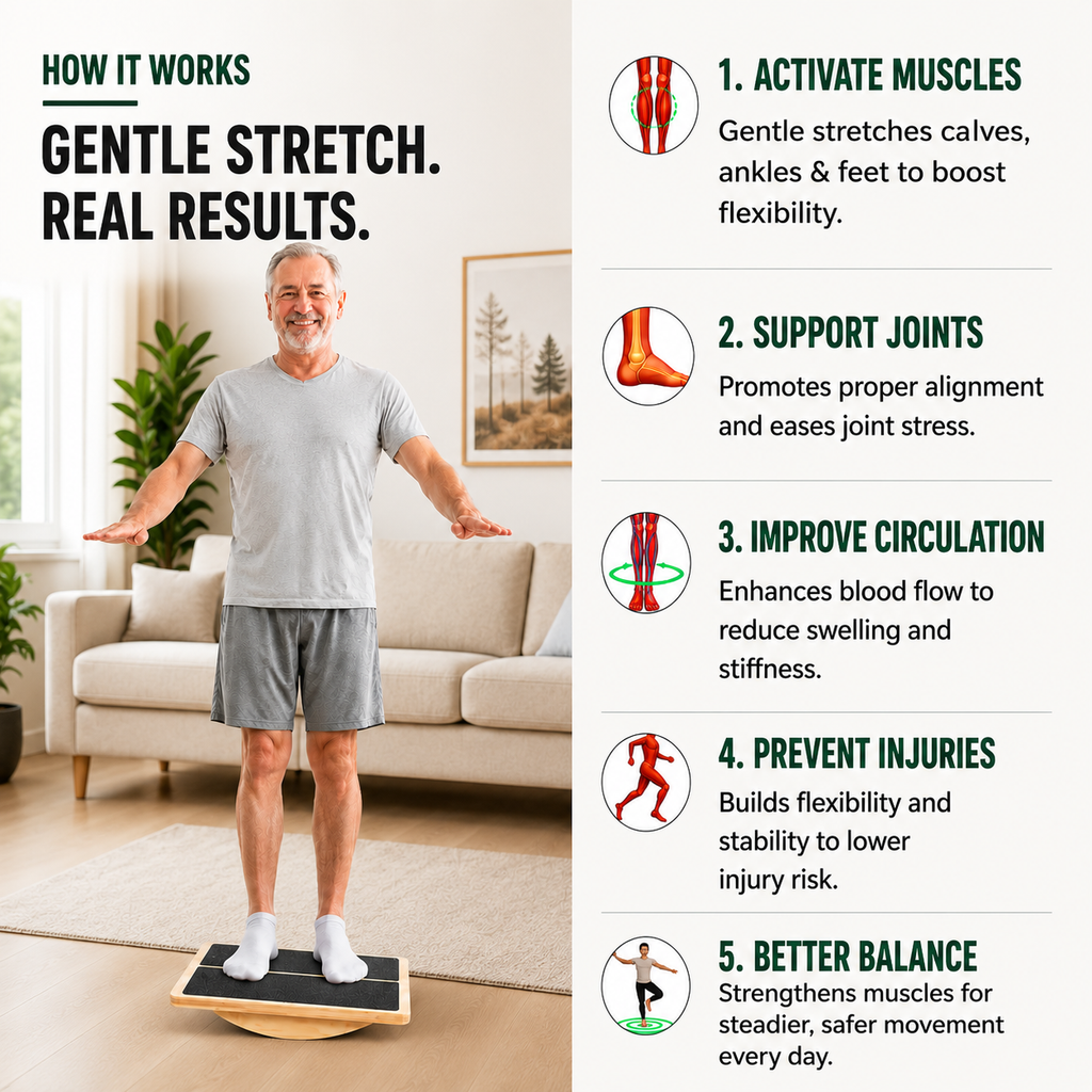 Man standing on the LeSomagic Slant Board Duo curved balance board, with how-it-works steps