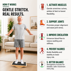 Man standing on the LeSomagic Slant Board Duo curved balance board, with how-it-works steps