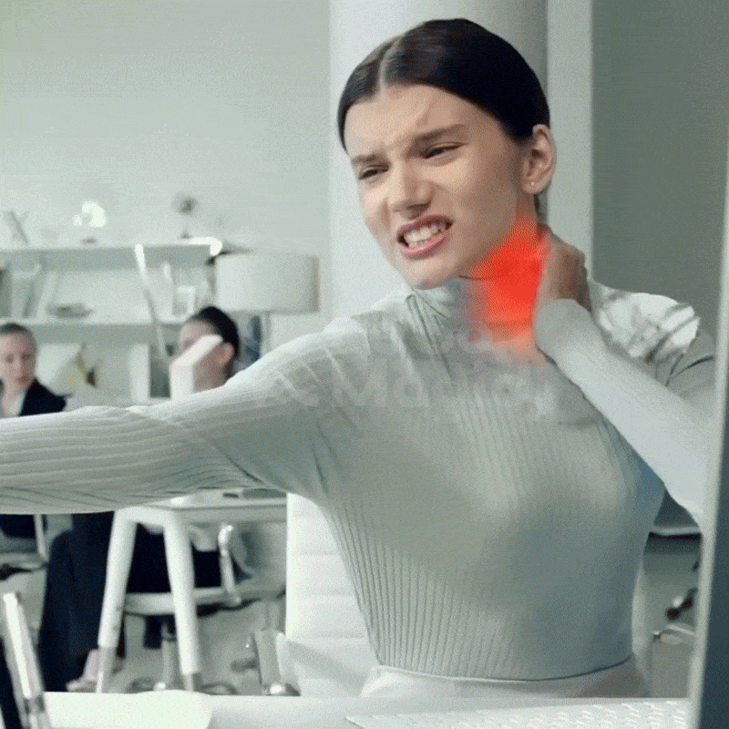 Woman at an office desk holding her stiff neck, with the sore area highlighted in red