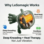 Cutaway diagram of the LeSomagic massager showing kneading nodes, heating element and cordless battery
