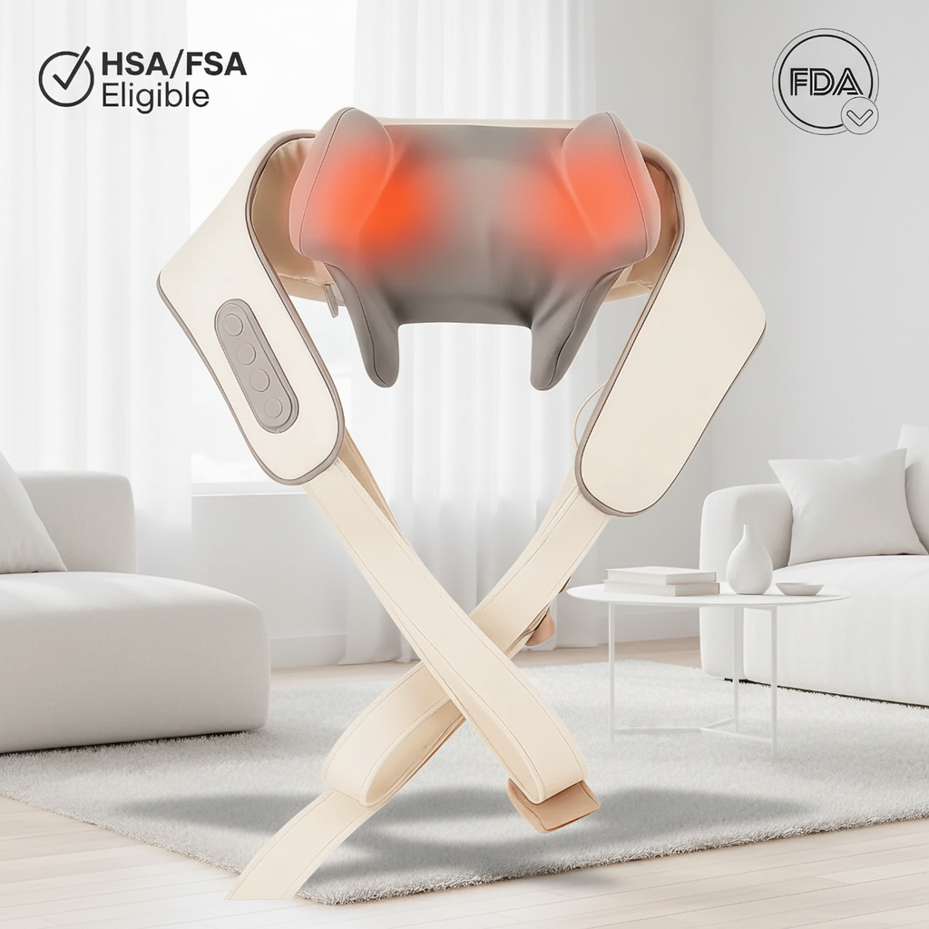 LeSomagic True Relief neck and shoulder massager in beige with heated kneading nodes