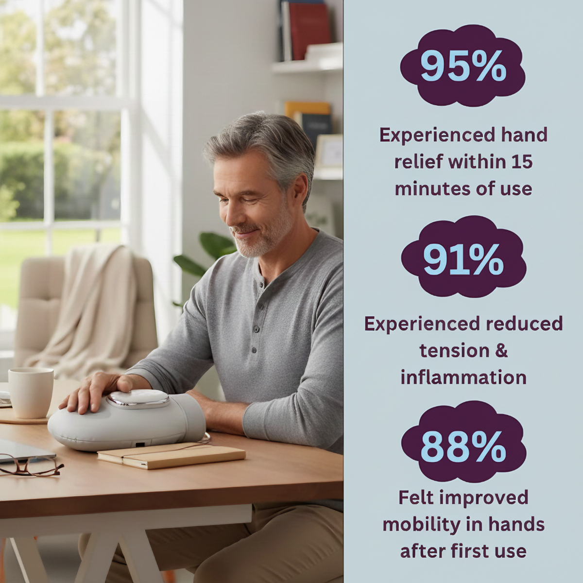 Man using the WristSpa hand massager at a table next to user survey percentages