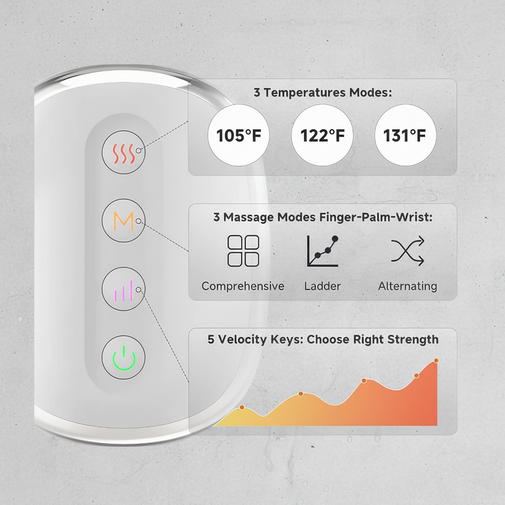WristSpa controls: 3 temperature settings, 3 massage modes and 5 intensity levels