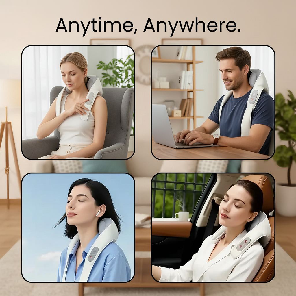 People using the True Relief massager while relaxing, working, outdoors and in the car