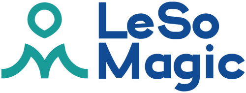 Logo of LeSo Magic with a stylized letter 'M' in teal on a white background