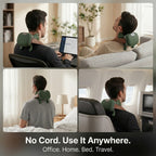 Cordless LeSomagic neck massager used at the office, on the sofa, in bed and on a plane