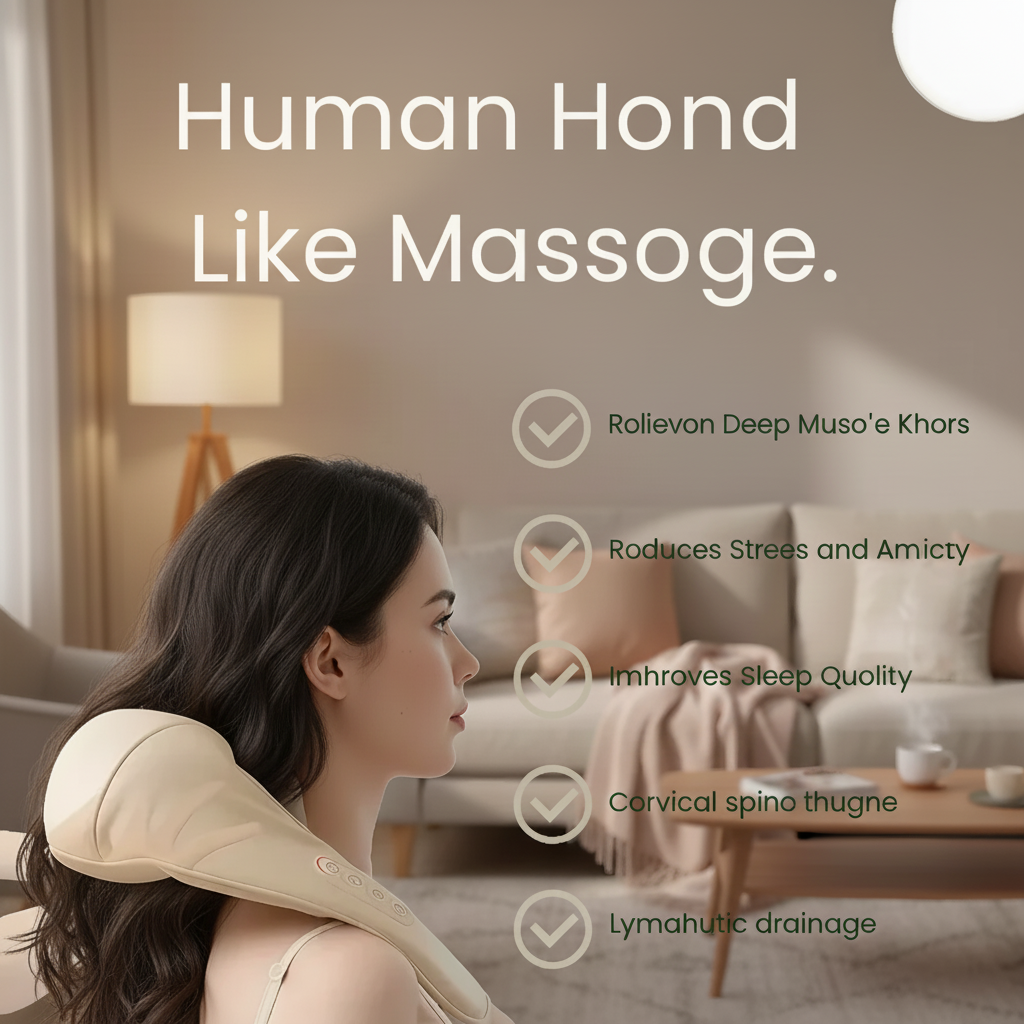 Woman relaxing on a sofa with the beige True Relief massager around her neck