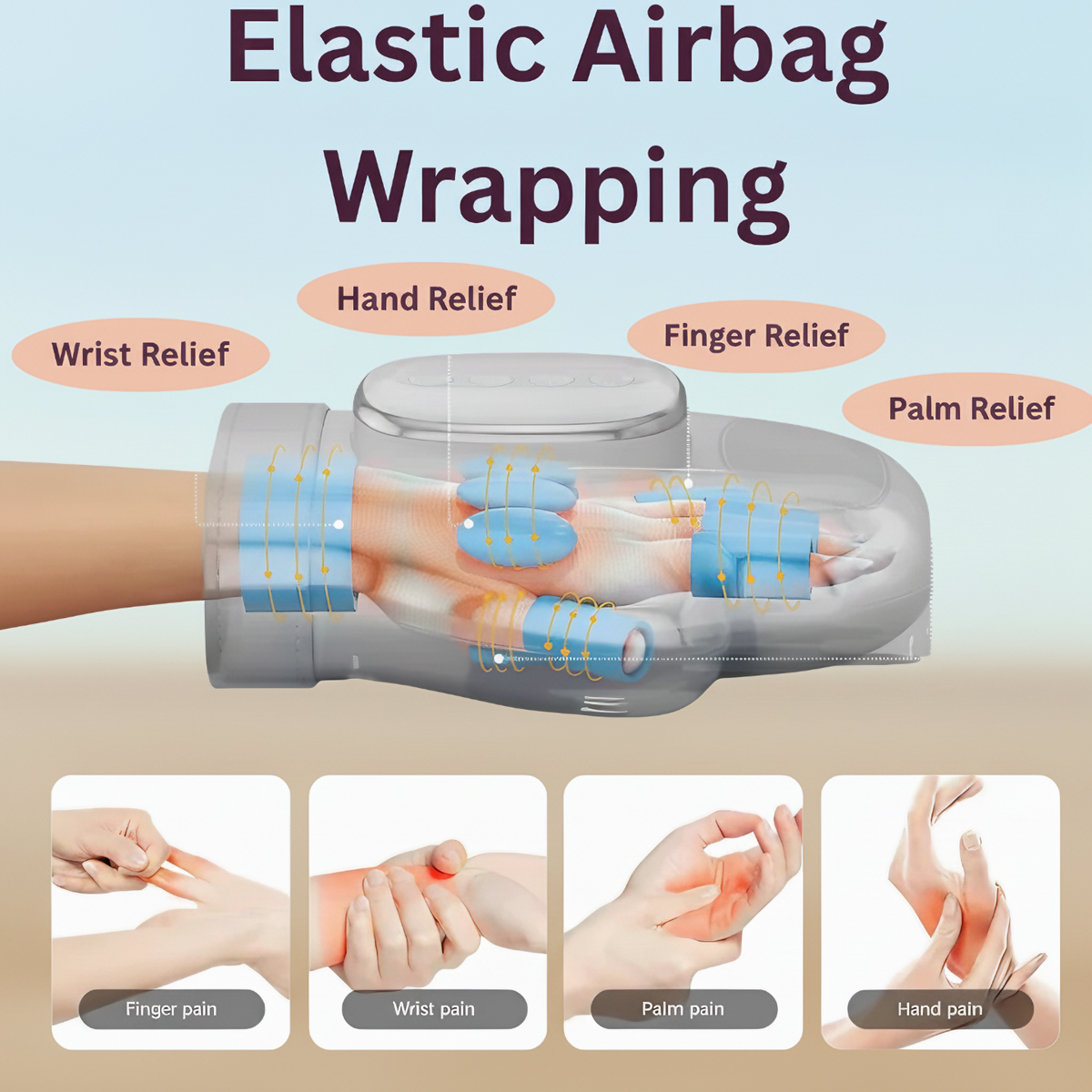 Diagram of WristSpa elastic airbags massaging the wrist, hand, fingers and palm