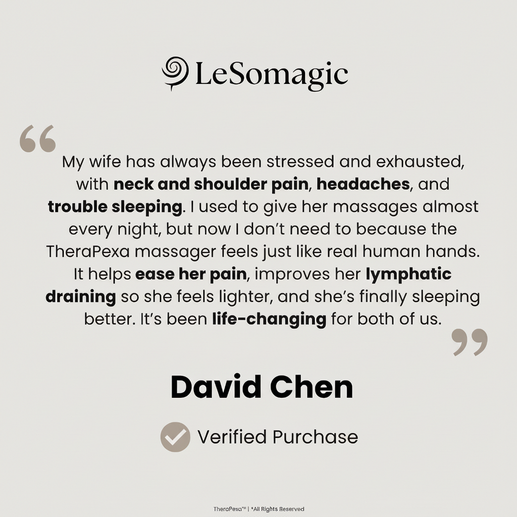 Customer testimonial card about the LeSomagic neck massager