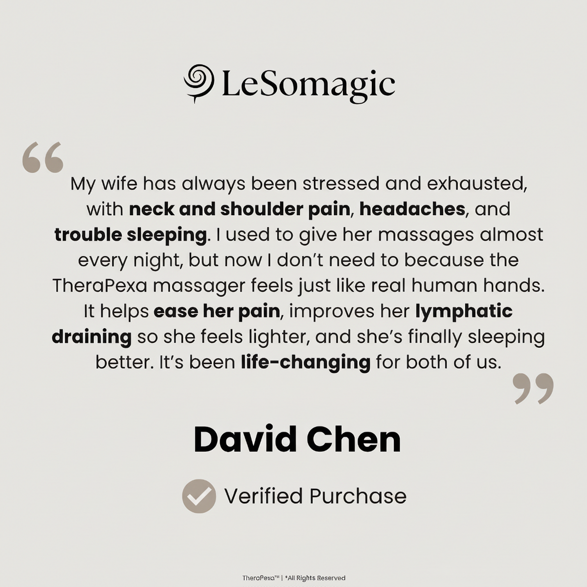 Customer testimonial card about the LeSomagic neck massager