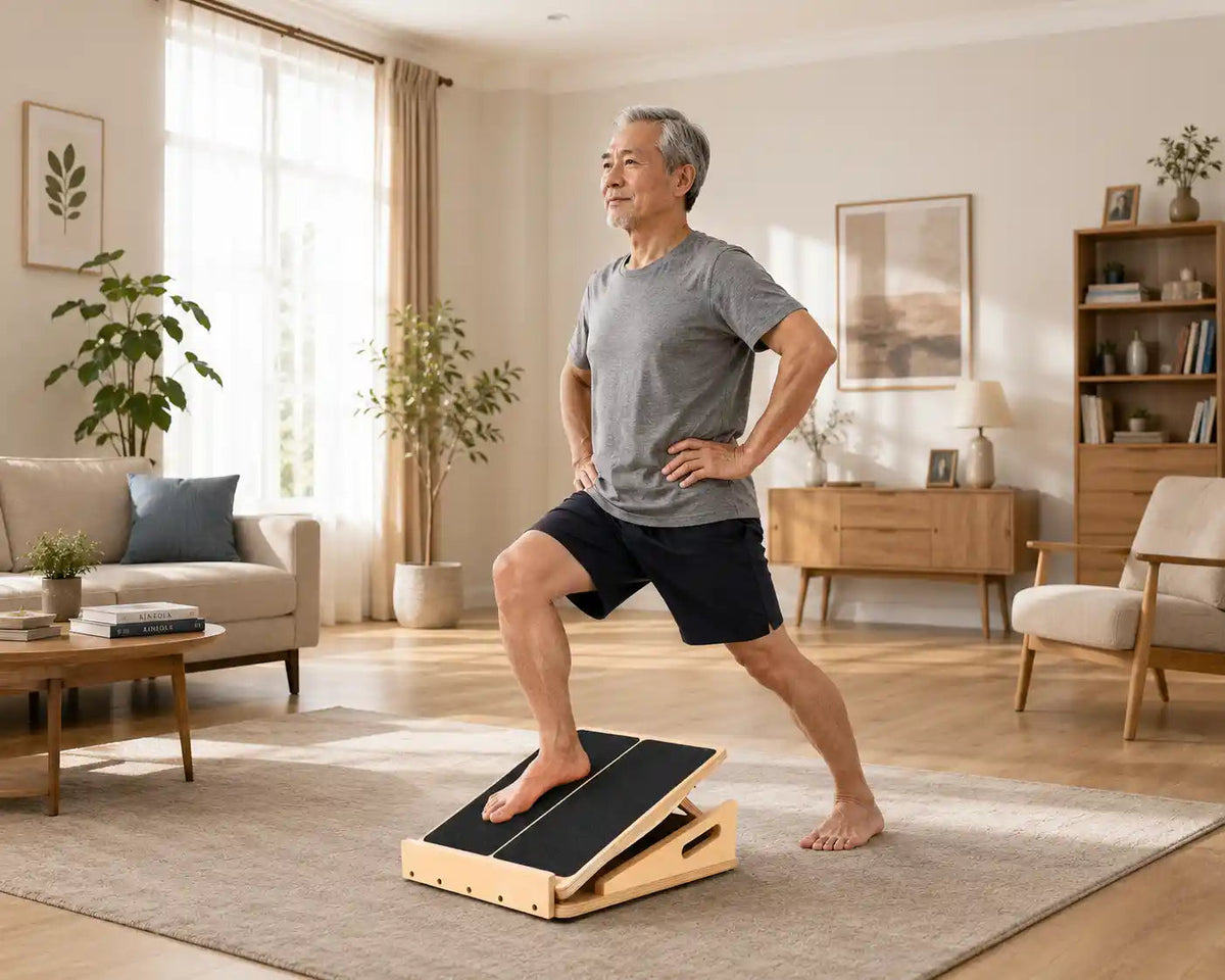 Older man doing a barefoot lunge stretch on a wooden slant board in a living room