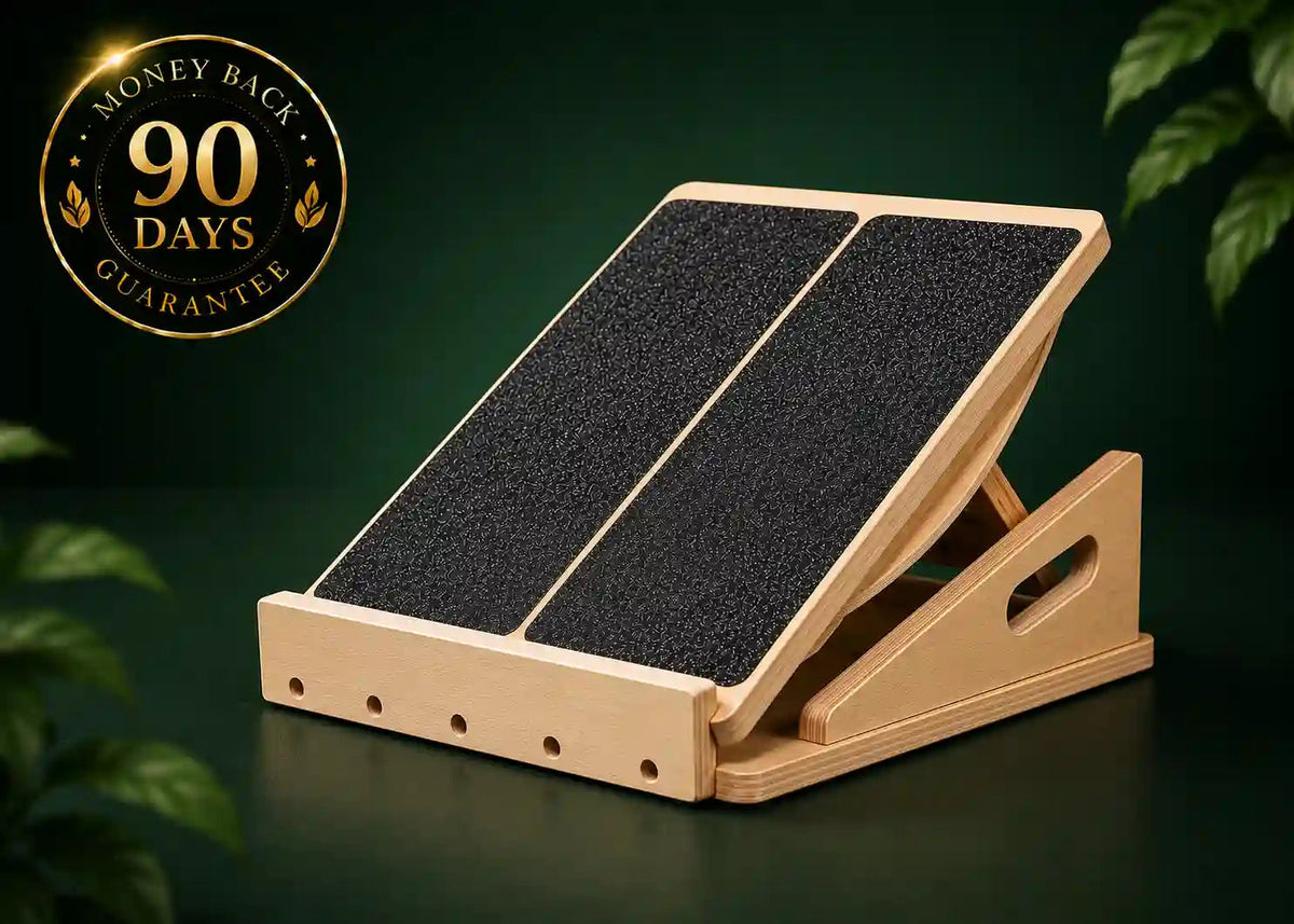 Two-piece adjustable wooden slant board with black grip pads on a dark green background