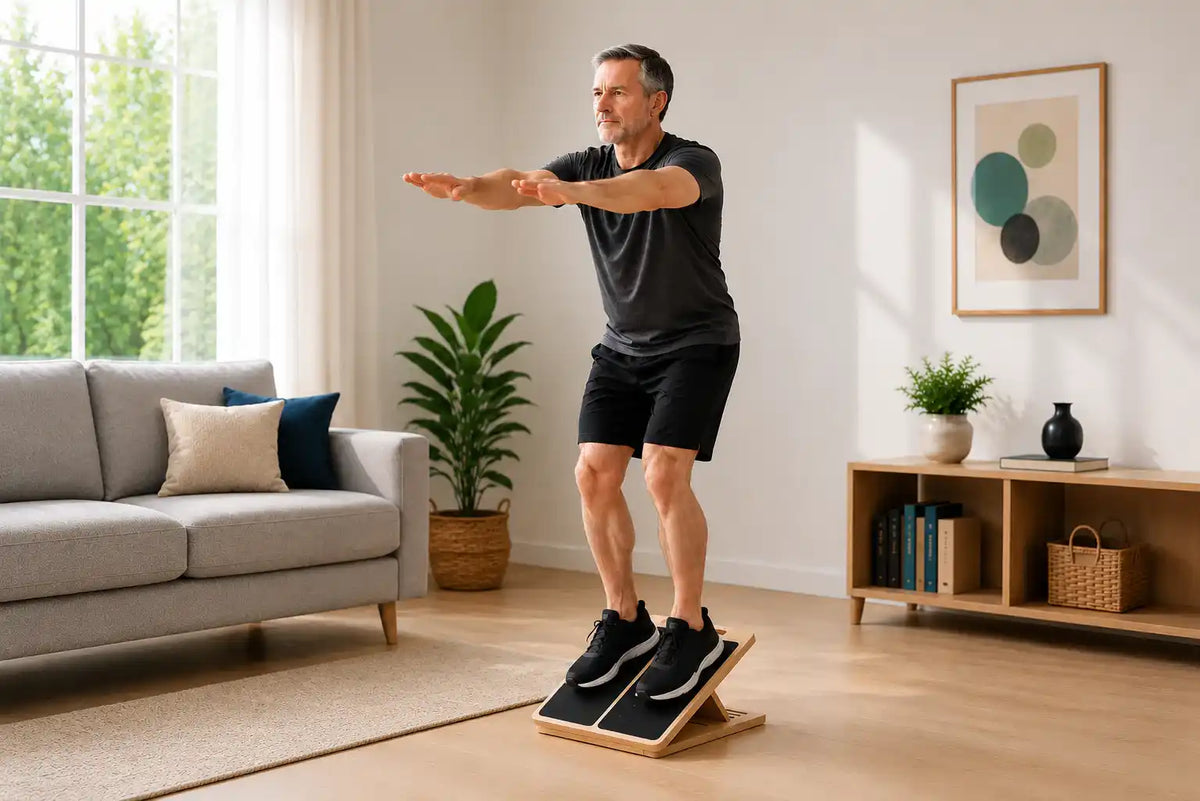 Man doing a squat on a wooden slant board in a bright living room