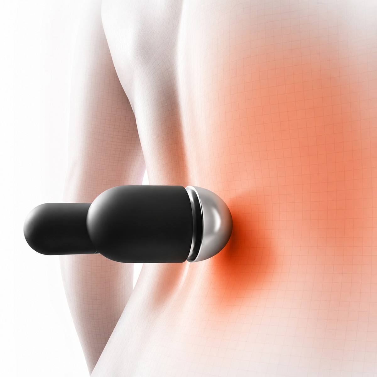 Illustration of a black massage node with a metal tip pressing on the lower back