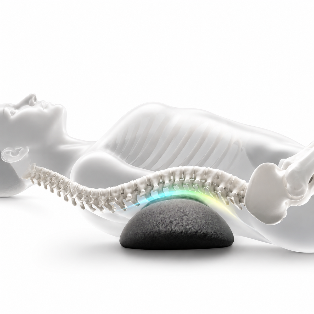 Illustration of a reclining body with the spine resting over a rounded back massager cushion