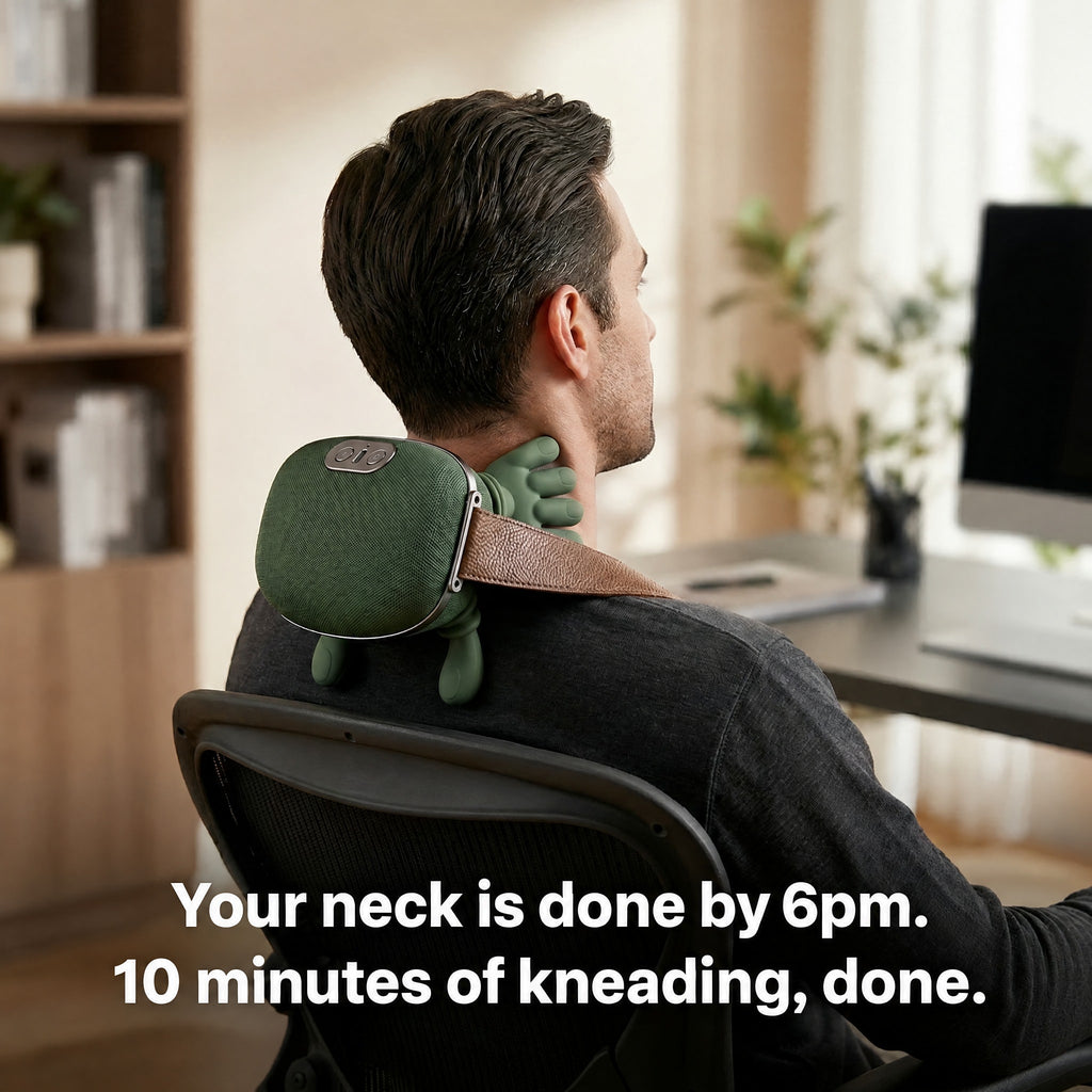 Man at his desk using the LeSomagic neck massager with the strap over his shoulder