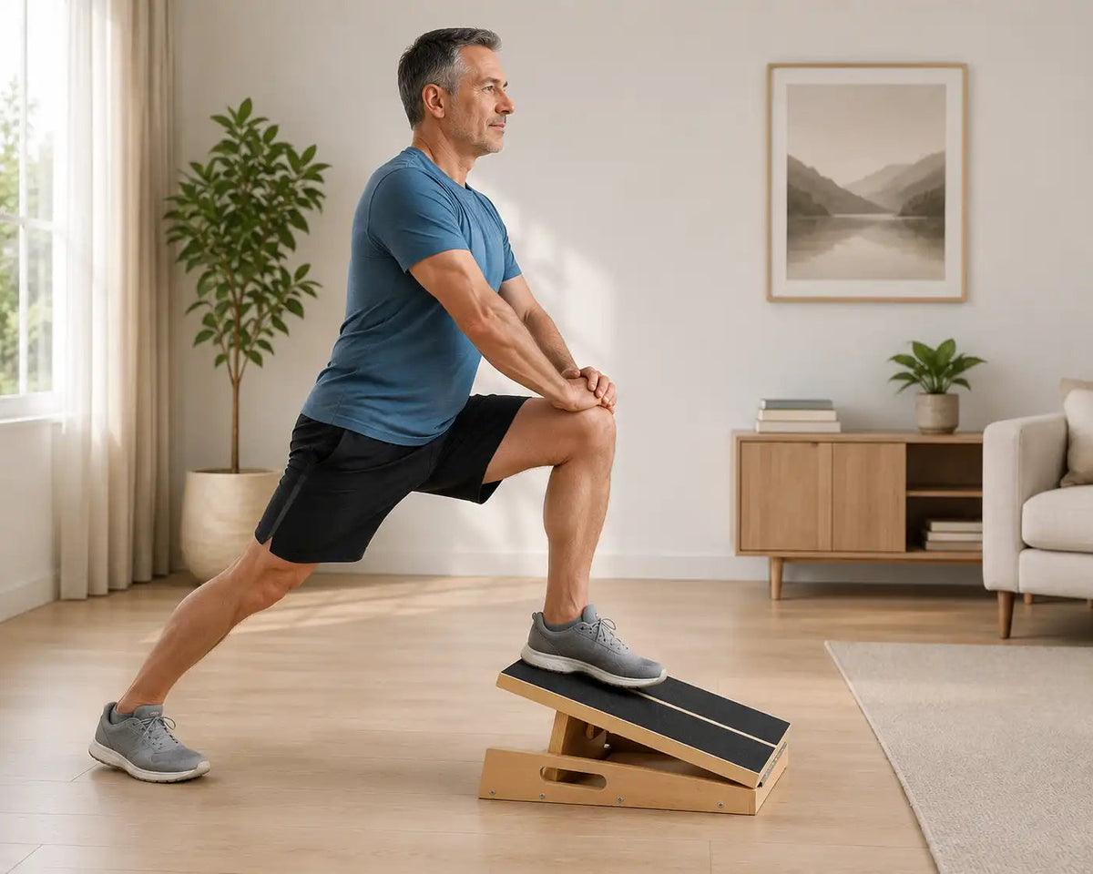Man doing a lunge stretch with one foot on a wooden slant board at home
