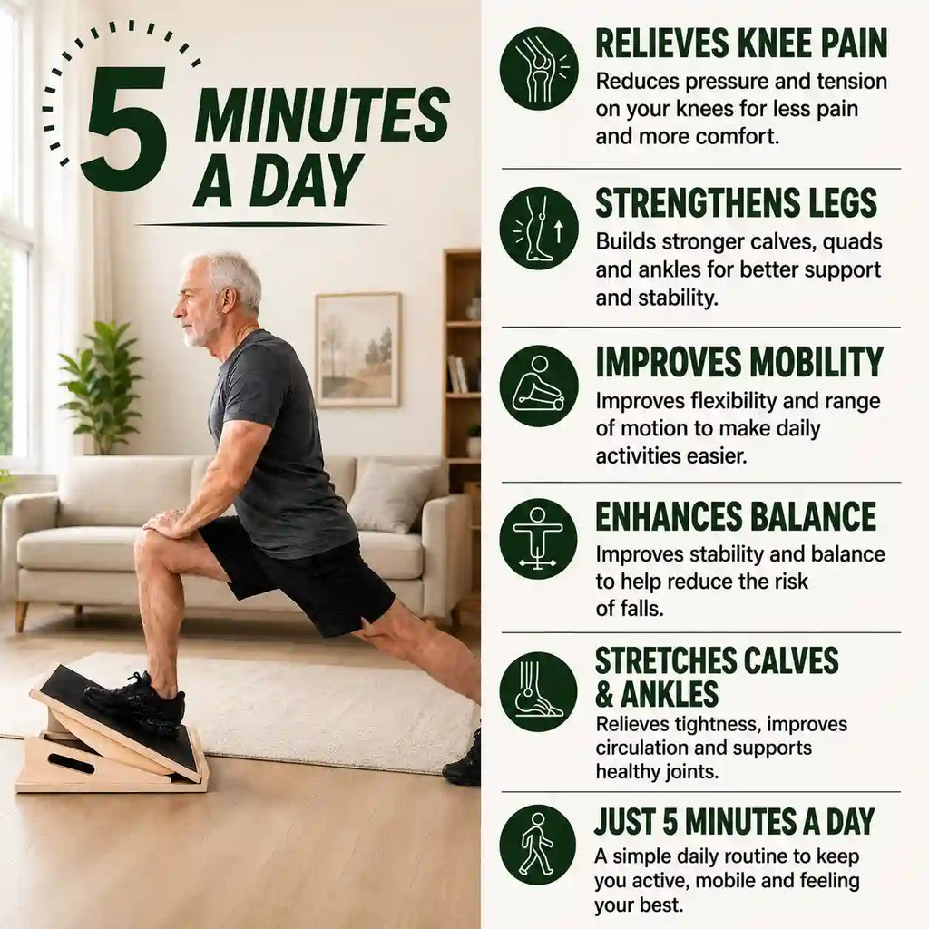 Man doing a lunge calf stretch on the LeSomagic Slant Board Duo slant board, with a list of benefits