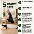 Man doing a lunge calf stretch on the LeSomagic Slant Board Duo slant board, with a list of benefits