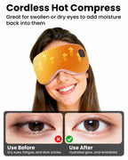 Woman using the cordless heated eye mask as a hot compress, with before and after eye close-ups