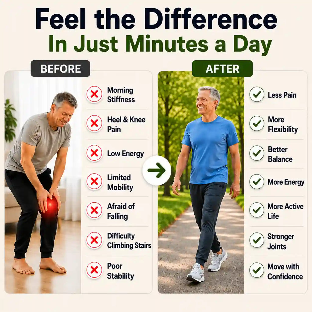 Before and after illustration of a man with stiff knees and later walking comfortably outdoors