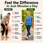 Before and after illustration of a man with stiff knees and later walking comfortably outdoors