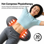 Woman lying on the back massager cushion with heat around her waist and a 30-minute session icon