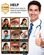 Infographic of eye concerns such as dry eyes and eye strain, with a man in a white coat giving a thumbs up
