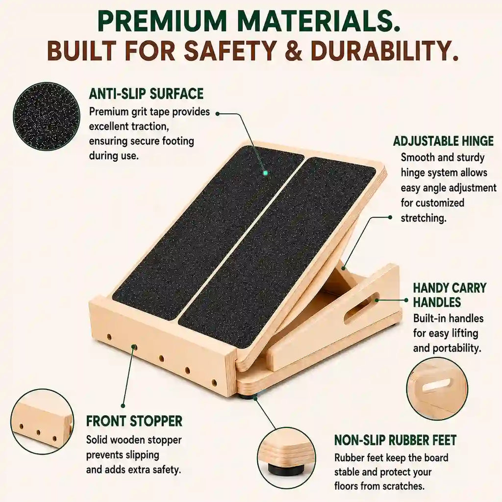 LeSomagic Slant Board Duo slant board features: anti-slip surface, adjustable hinge, carry handles, front stopper, rubber feet