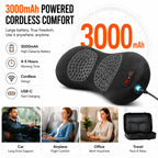 Cordless back massager with 3000mAh battery, 4-5 hours working time and USB-C charging, used in car, airplane, office and travel