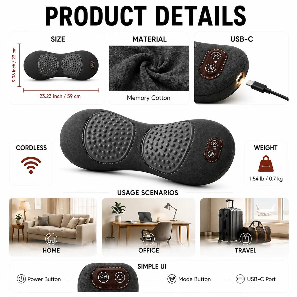 Back massager product details: 59 x 23 cm, memory cotton, USB-C, 0.7 kg, power and mode buttons