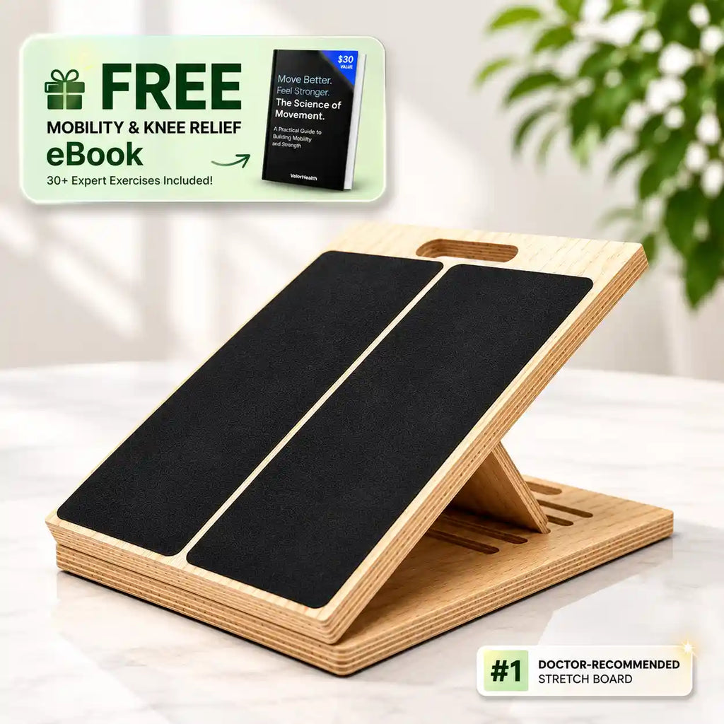 The LeSomagic Slant Board wooden slant board with non-slip grip pads, shown with a free mobility eBook offer