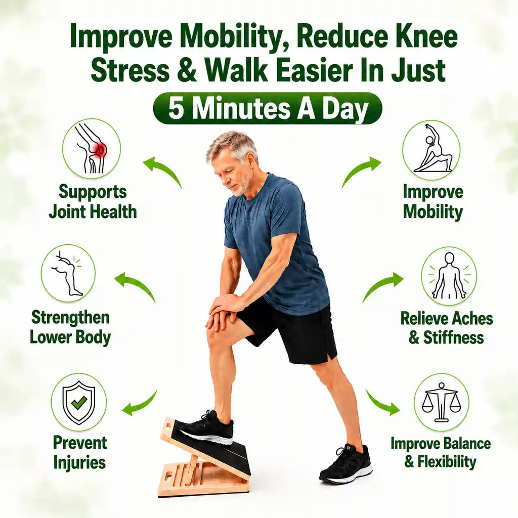 Man doing a standing calf and knee stretch on The LeSomagic Slant Board, with key benefits
