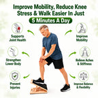 Man doing a standing calf and knee stretch on The LeSomagic Slant Board, with key benefits