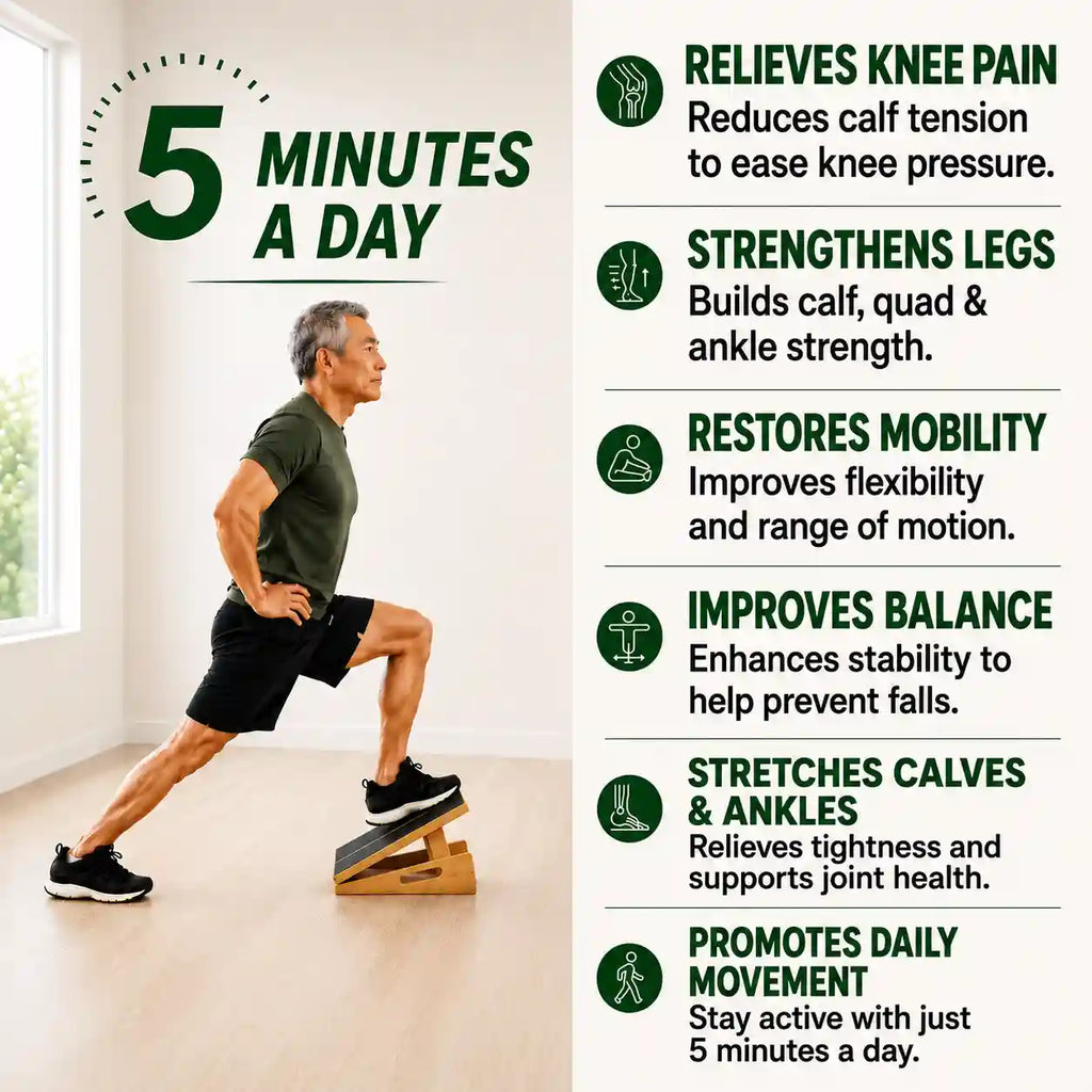 Man doing a lunge calf stretch on the LeSomagic Slant Board 2.0, with a list of benefits