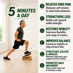 Man doing a lunge calf stretch on the LeSomagic Slant Board 2.0, with a list of benefits