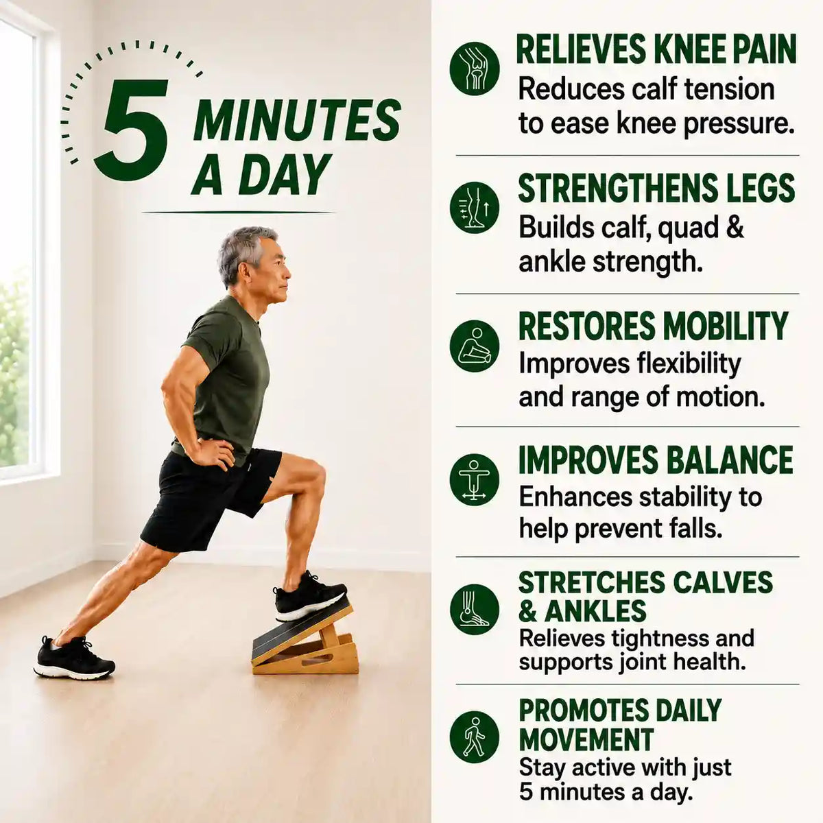 Man doing a lunge calf stretch on the LeSomagic Slant Board 2.0, with a list of benefits