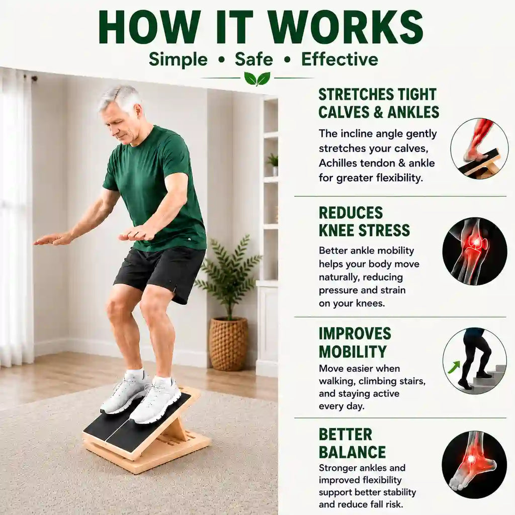 How The LeSomagic Slant Board works: man balancing on the incline board, with calf, ankle, knee and balance benefits