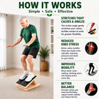 How The LeSomagic Slant Board works: man balancing on the incline board, with calf, ankle, knee and balance benefits