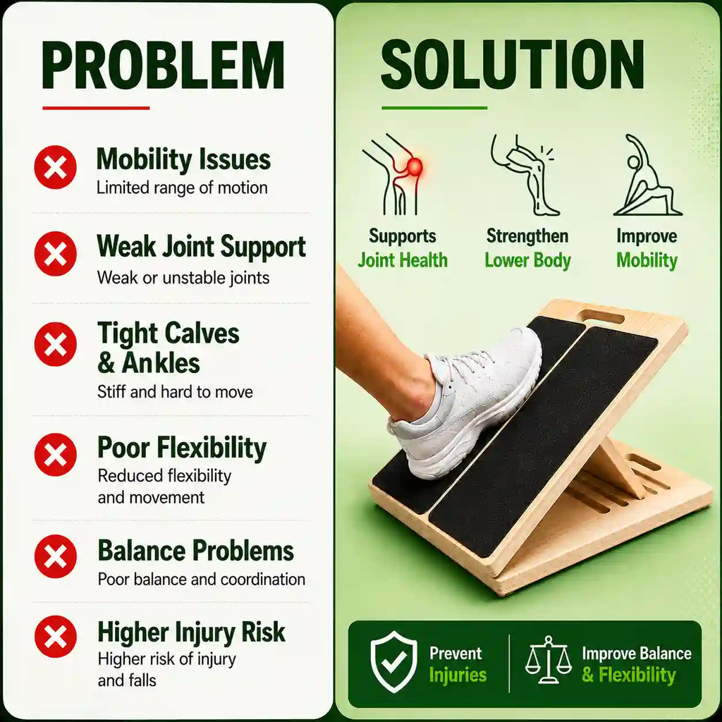 Problem and solution chart with a foot stretching on The LeSomagic Slant Board