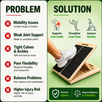 Problem and solution chart with a foot stretching on The LeSomagic Slant Board