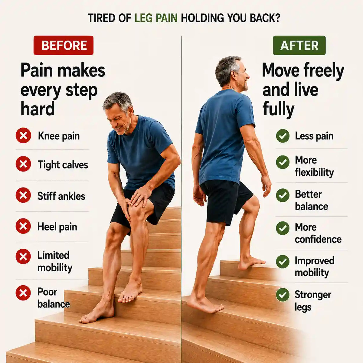 Before and after comparison of a man climbing stairs with stiff legs and then moving freely
