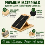 The LeSomagic Slant Board materials: plywood board, non-slip surface, heavy-duty hinge, supports up to 250 lbs