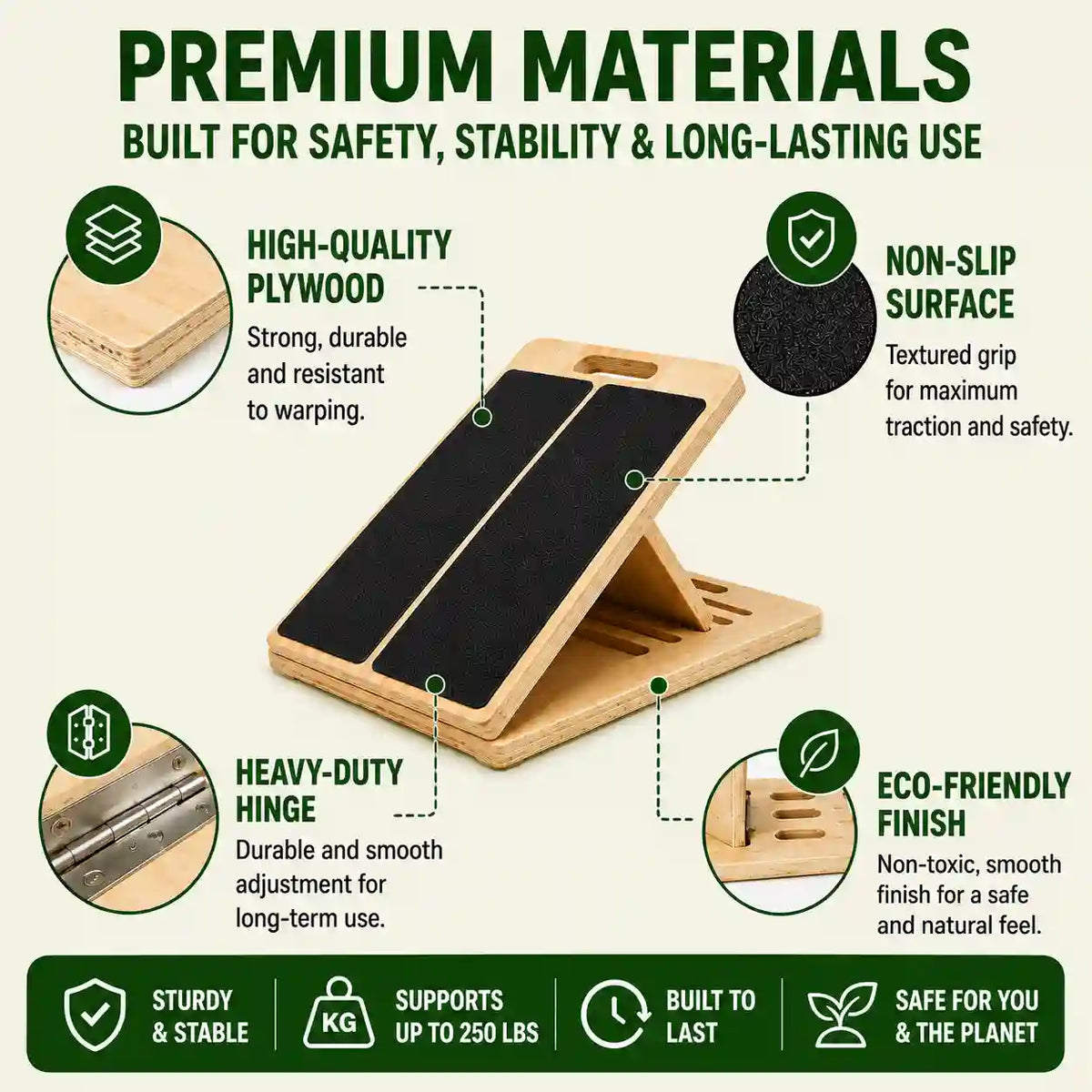 The LeSomagic Slant Board materials: plywood board, non-slip surface, heavy-duty hinge, supports up to 250 lbs