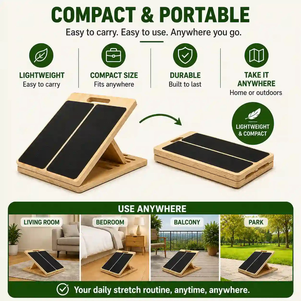 The LeSomagic Slant Board folding flat for storage and used in a living room, bedroom, balcony and park