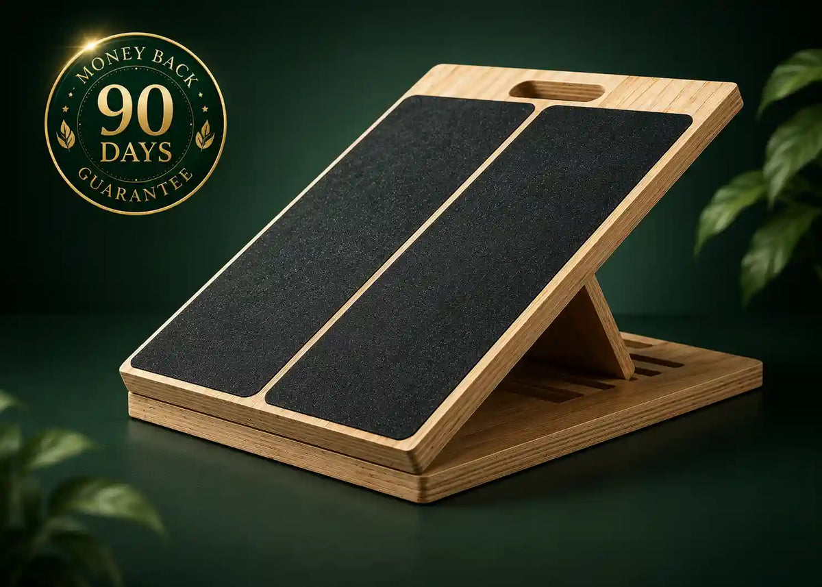 Wooden slant board with black grip pads on a dark green background